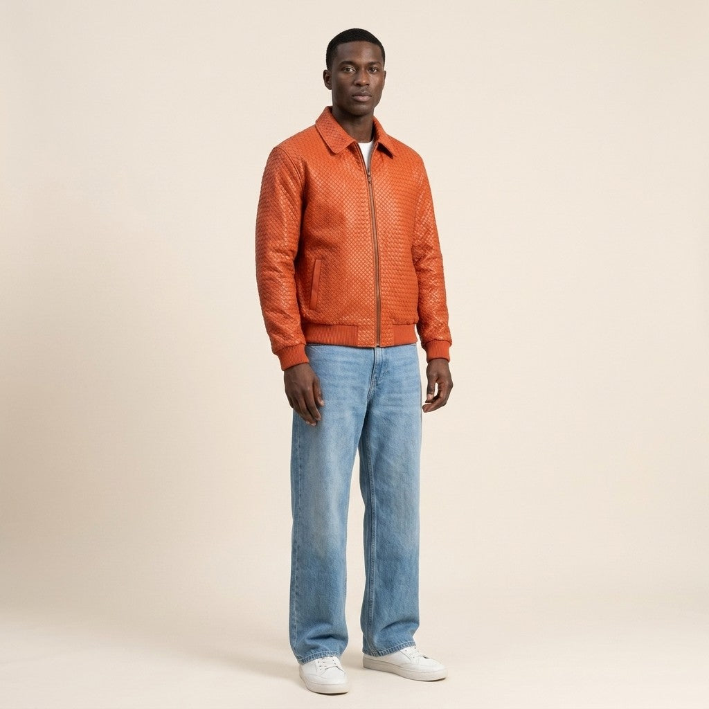 Men’s orange SVELG premium woven lambskin leather bomber jacket with shirt-style collar, stylish men's coat and jacket.