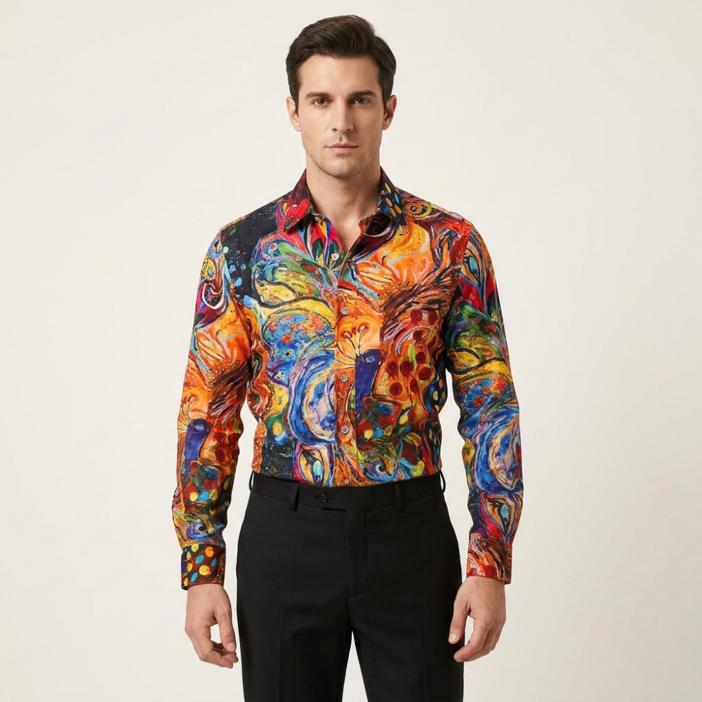 Orange-red Philippe cotton shirt displayed on a hanger, showcasing its vibrant color and classic design.