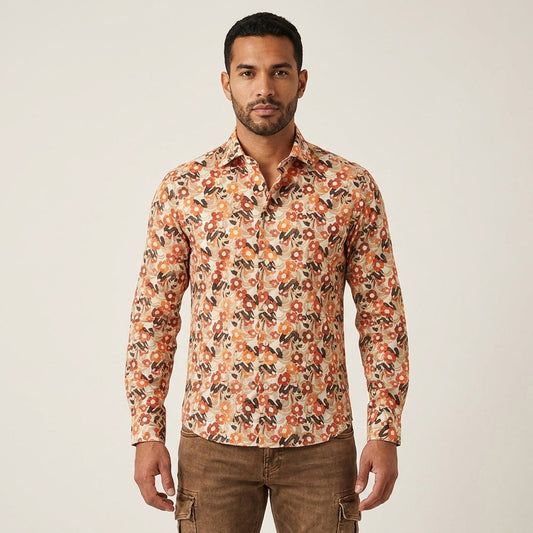Andrea Bossi cotton button-up shirt in orange and brown, casual long-sleeve top for women, stylish and comfortable.