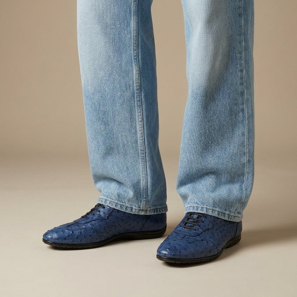 Blue ostrich leather sneakers from Calzoleria Toscana's Toscana 5684 Ostrich Casuals collection.