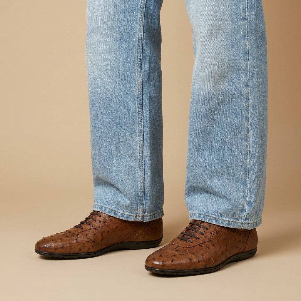 Calzoleria Toscana Toscana 5684 ostrich leather casual sneakers in cognac color with detailed stitching and laces.