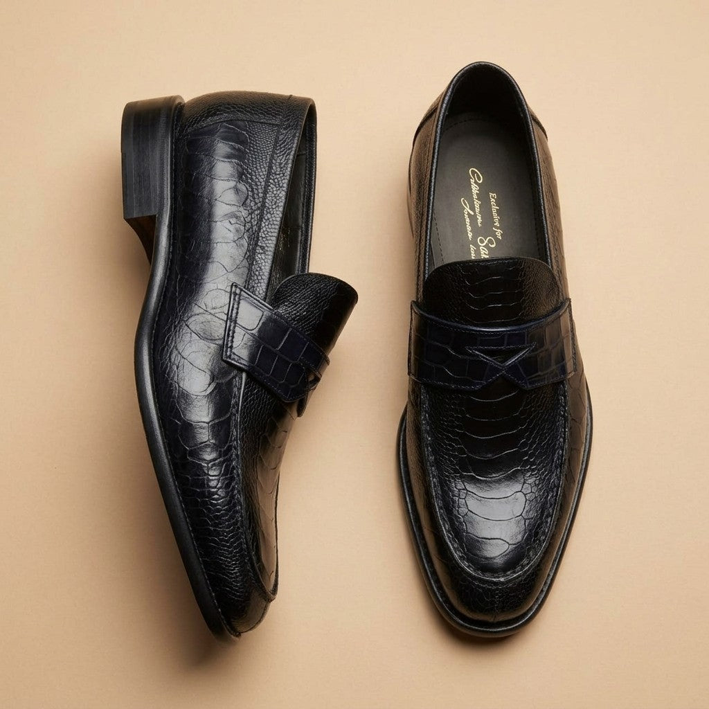 Marfa Calzoleria Toscana Ostrich Leg & Caiman Crocodile Penny Loafers