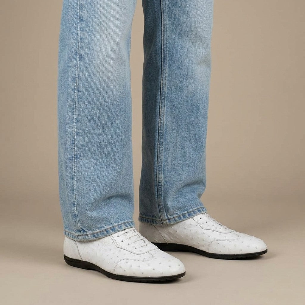White ostrich leather sneakers from Calzoleria Toscana Toscana 5684 Ostrich Casuals, featuring stylish casual sneaker design.