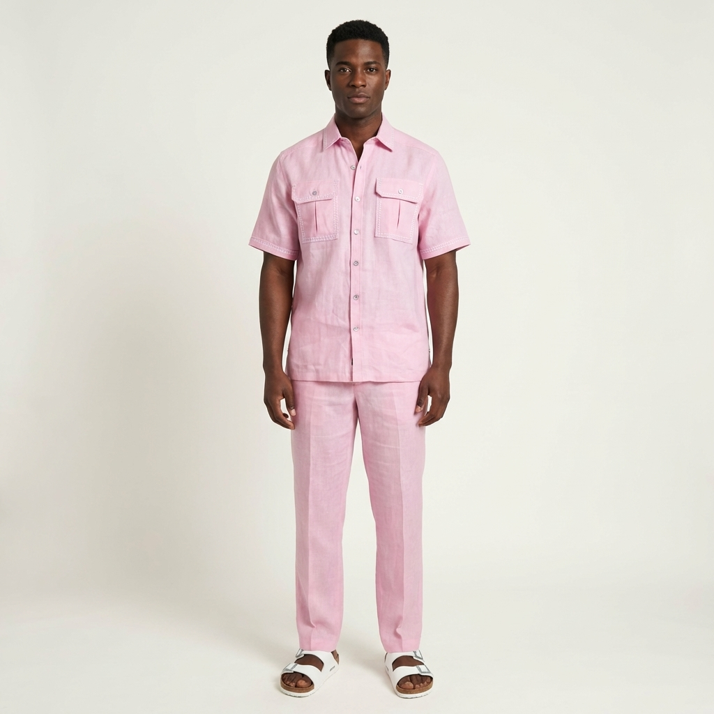Pink Prestige Linen Set LUX-630 clothing displayed on a hanger, showcasing soft fabric and stylish design.