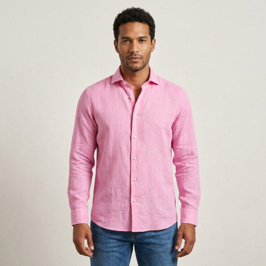 Pink Torras linen shirt with a classic fit, showcasing lightweight, breathable 100% linen fabric and a casual collar design.