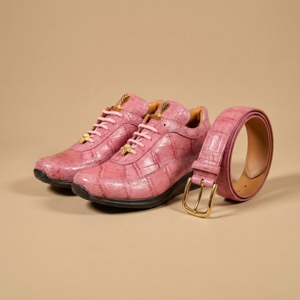 Pink Mauri 8900 Alligator Sneakers with textured alligator pattern and white rubber soles, casual footwear for women.