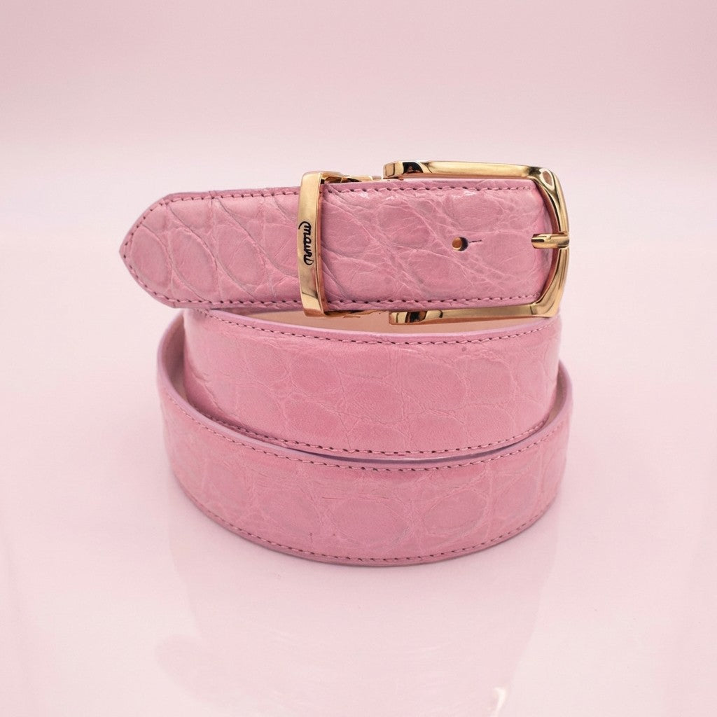 Pink Mauri alligator belt featuring textured alligator pattern and a sleek buckle design.