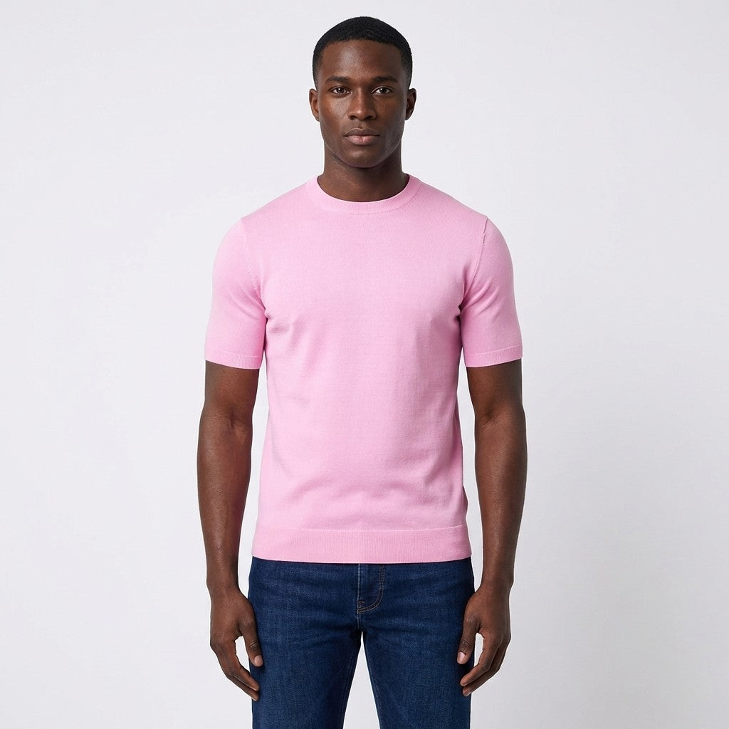 Pink Prestige crew neck short sleeve shirt, men's casual clothing, lightweight fabric and classic fit.