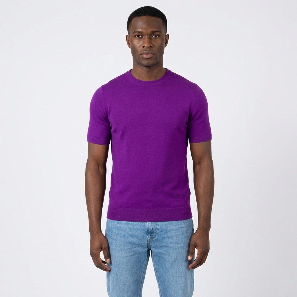 Purple Prestige crew neck short sleeve shirt, style CMK-350, shown on a hanger with a plain background.