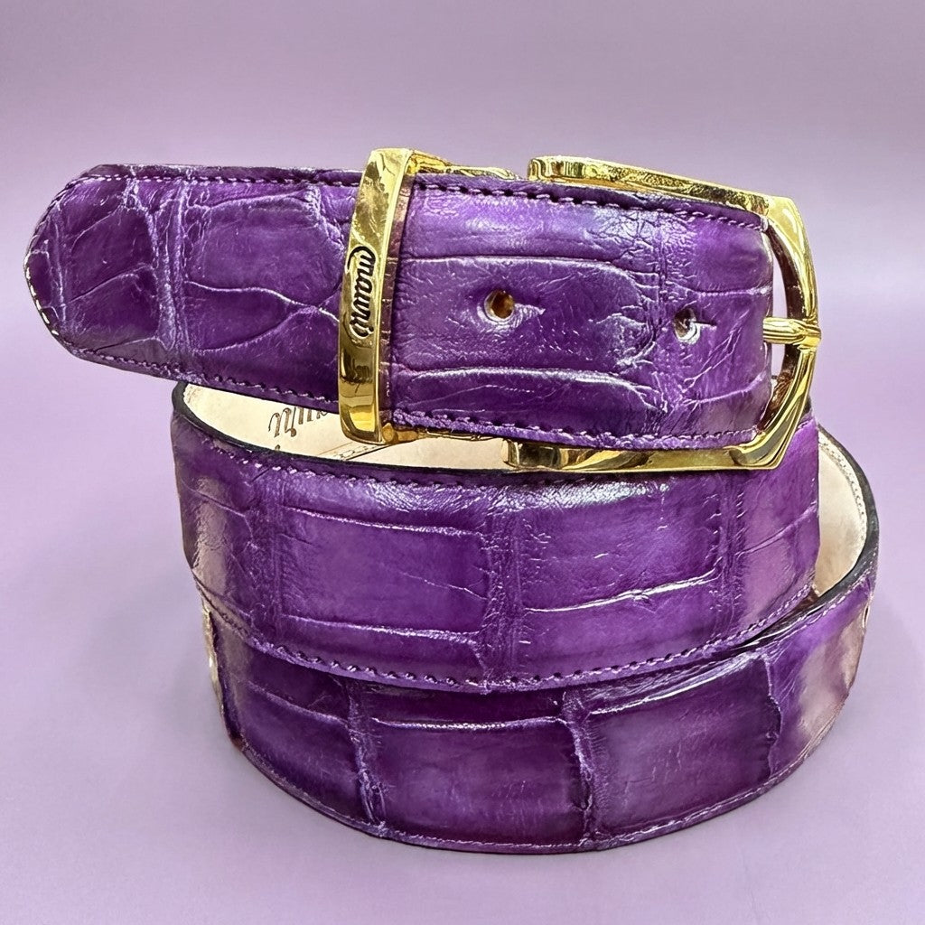 Purple Mauri alligator belt shown with detailed textured alligator leather and a sleek buckle.