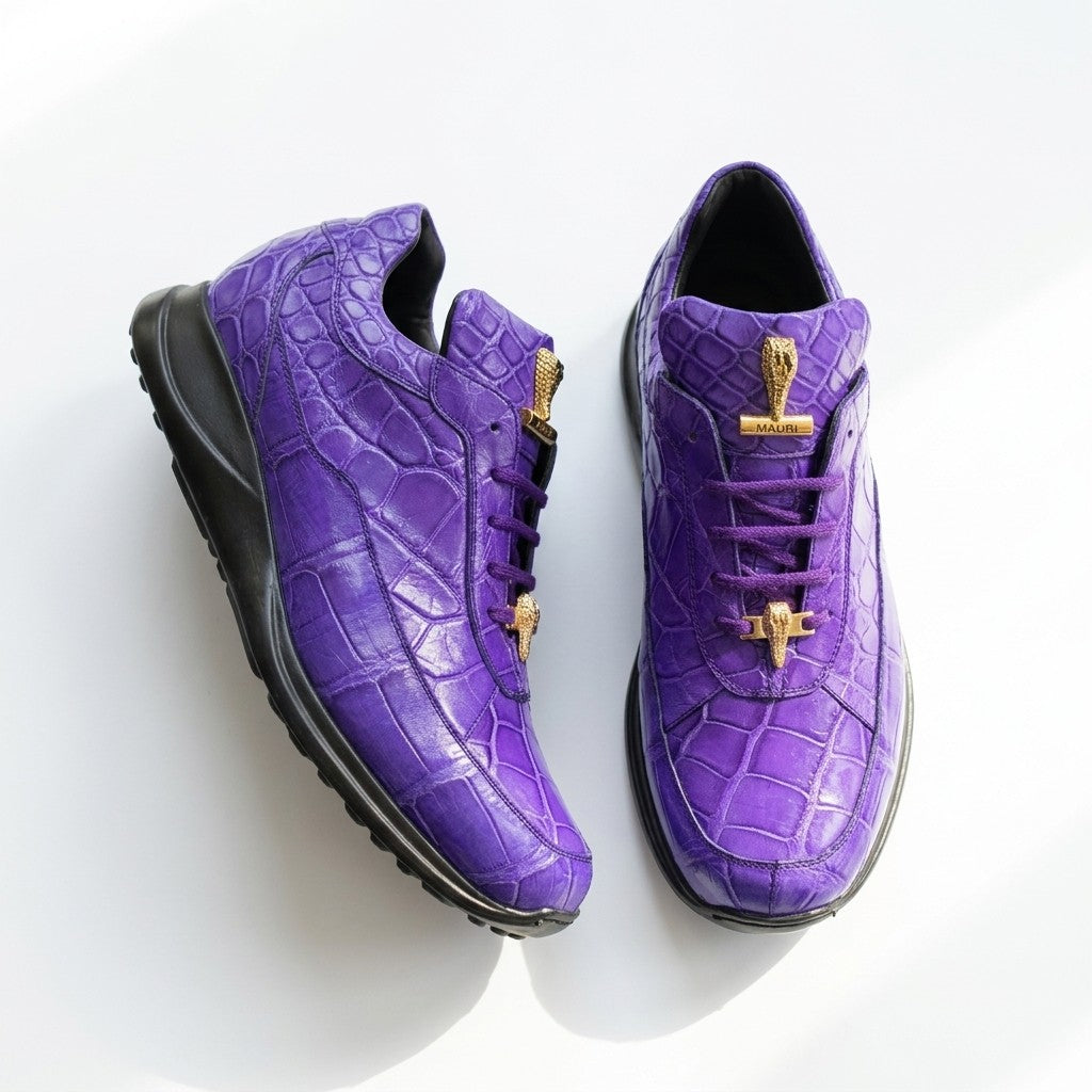 Purple Mauri 8900 Alligator Sneakers with textured pattern and white rubber sole, showcasing stylish and comfortable sneakers.