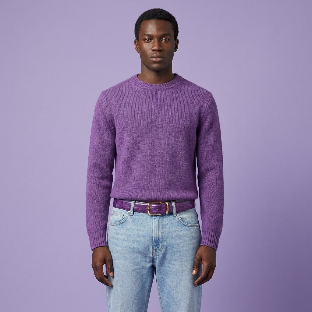 Purple Mauri alligator belt with a sleek buckle, showcasing the textured alligator leather and elegant design.