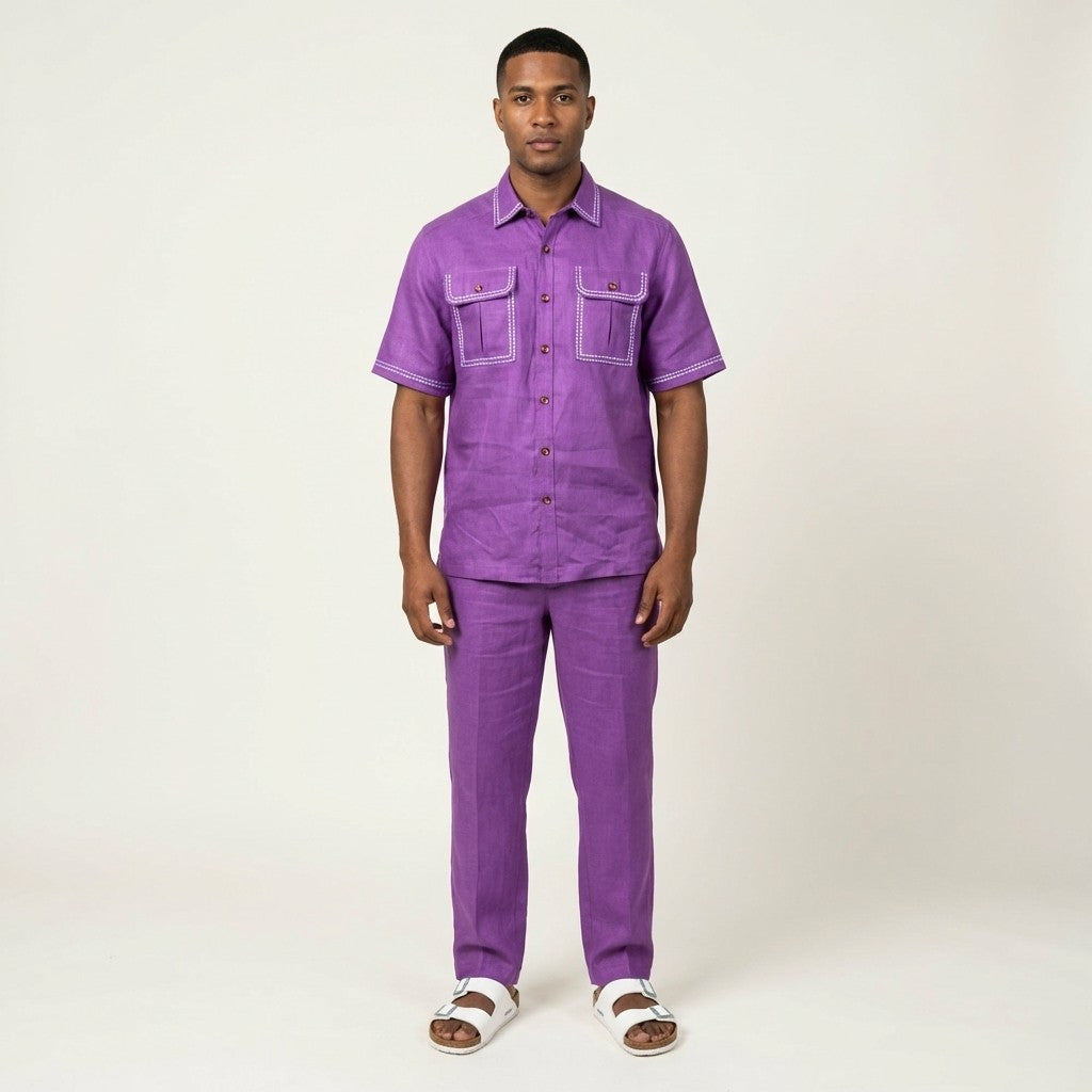 Purple Prestige Linen Set LUX-630 clothing, showing the soft fabric and relaxed fit laid out on a flat surface.
