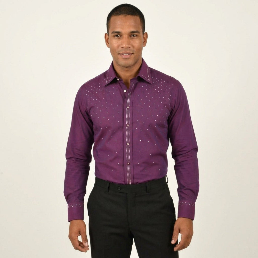 Purple Andrea Bossi studded dress shirt with button-down front and stylish detailing, perfect for formal or casual wear.