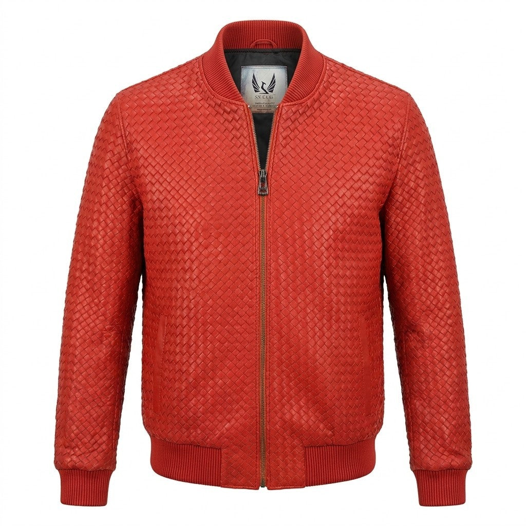 Men’s SVELG premium woven lambskin leather bomber jacket in vibrant red, featuring a classic design and durable craftsmanship.