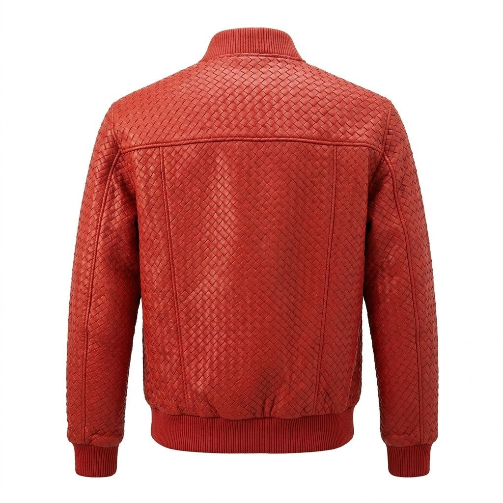 Men’s SVELG premium woven red leather bomber jacket made from 100% lambskin, featuring a stylish collar and zip closure.