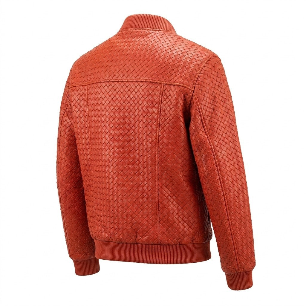 Men’s SVELG premium woven lambskin leather bomber jacket in vibrant red, featuring a classic design and detailed stitching.