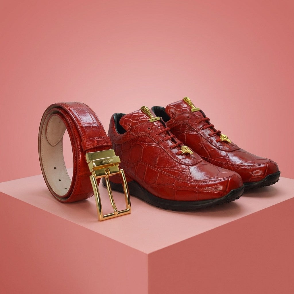 Red Mauri Alligator Belt with gold buckle, genuine alligator leather strap, and detailed stitching for a stylish look.
