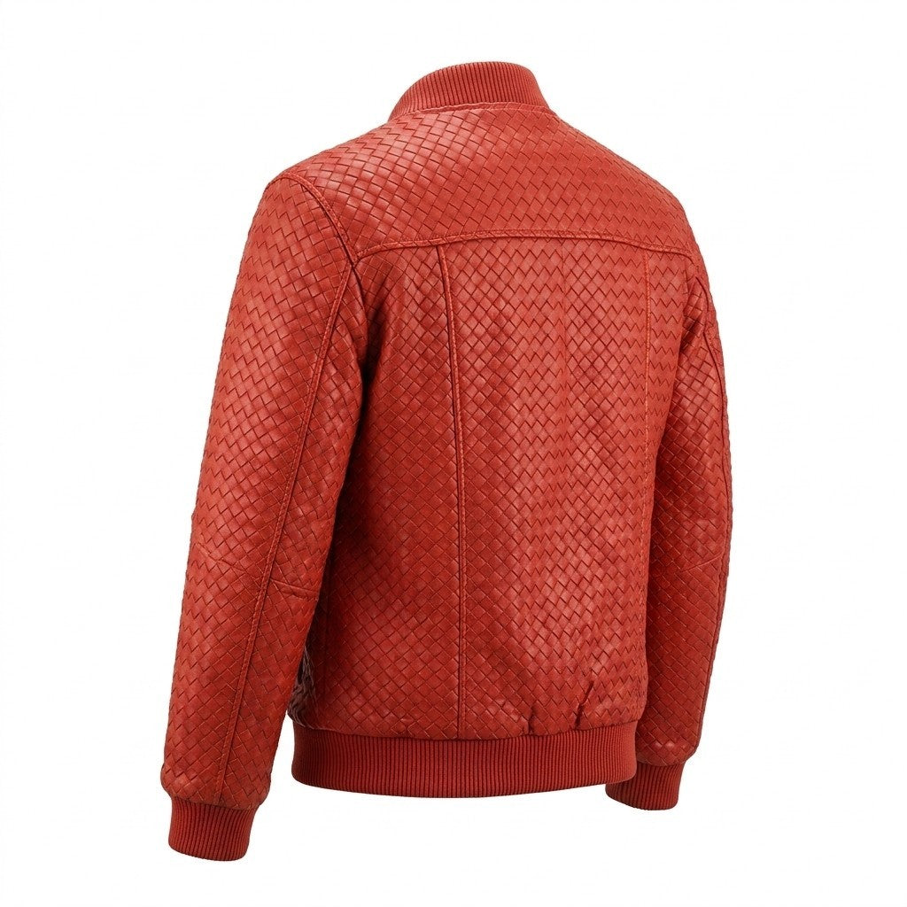 Men's red SVELG premium woven lambskin leather bomber jacket, stylish coat with detailed stitching and classic design.