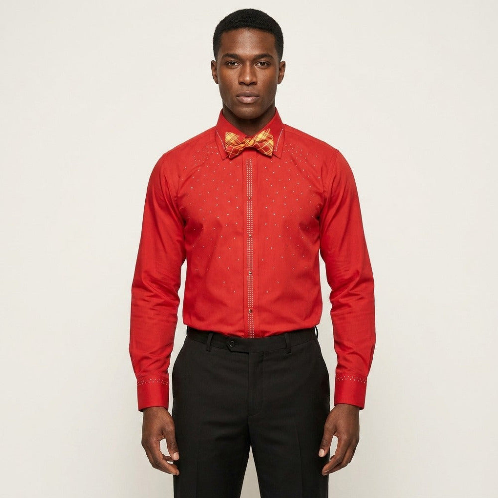 Red Andrea Bossi studded dress shirt with button-up front and stylish embellishments, perfect for a sophisticated look.