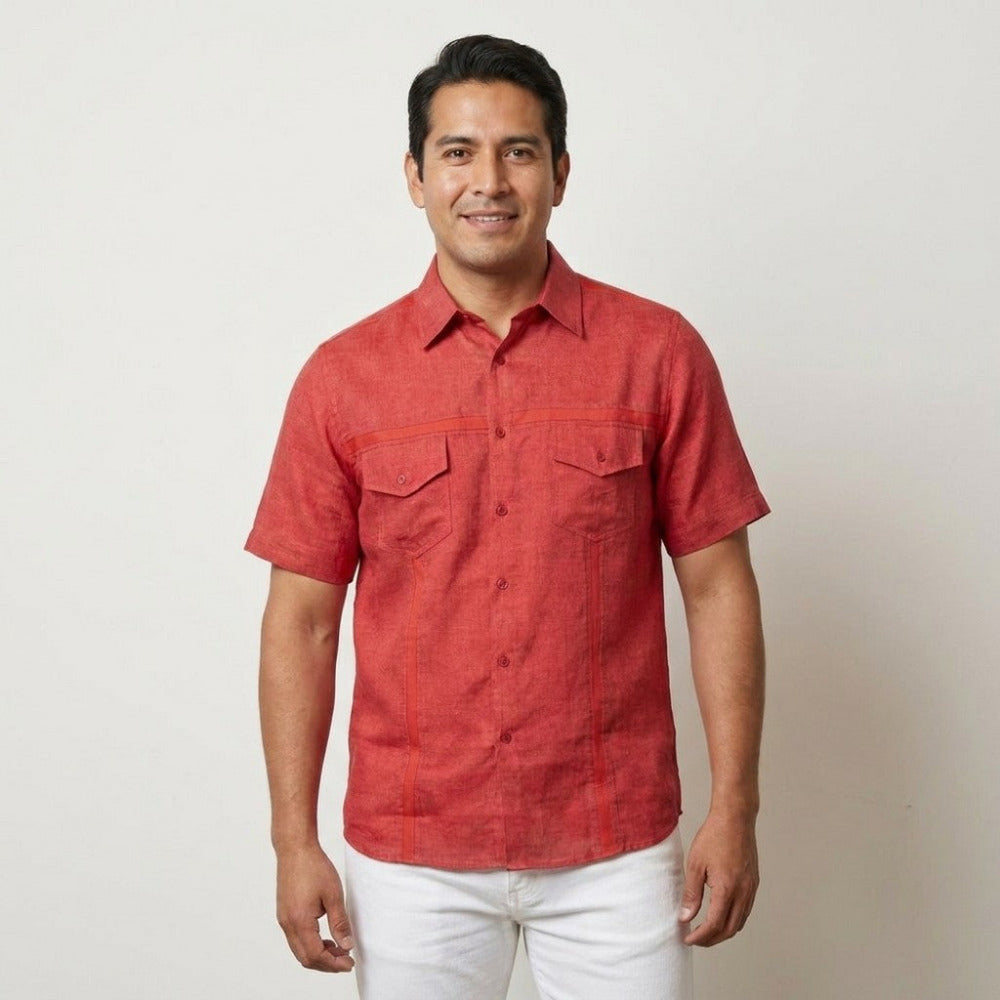 Red Torras linen short sleeve button-up shirt with lambskin trim, featuring a classic fit and stylish design.