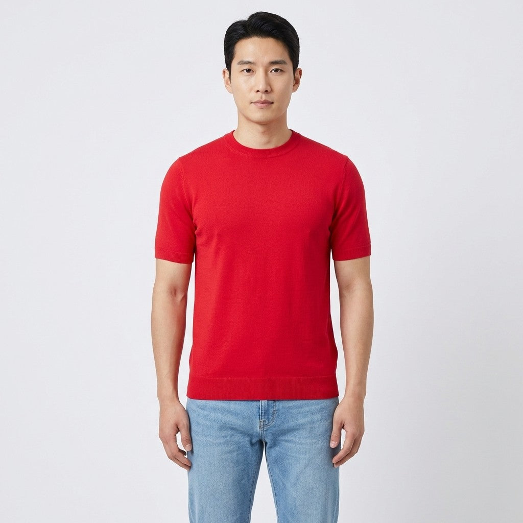 Red Prestige crew neck short sleeve shirt CMK-350, 650, made of comfortable cotton fabric, shown on a plain background.