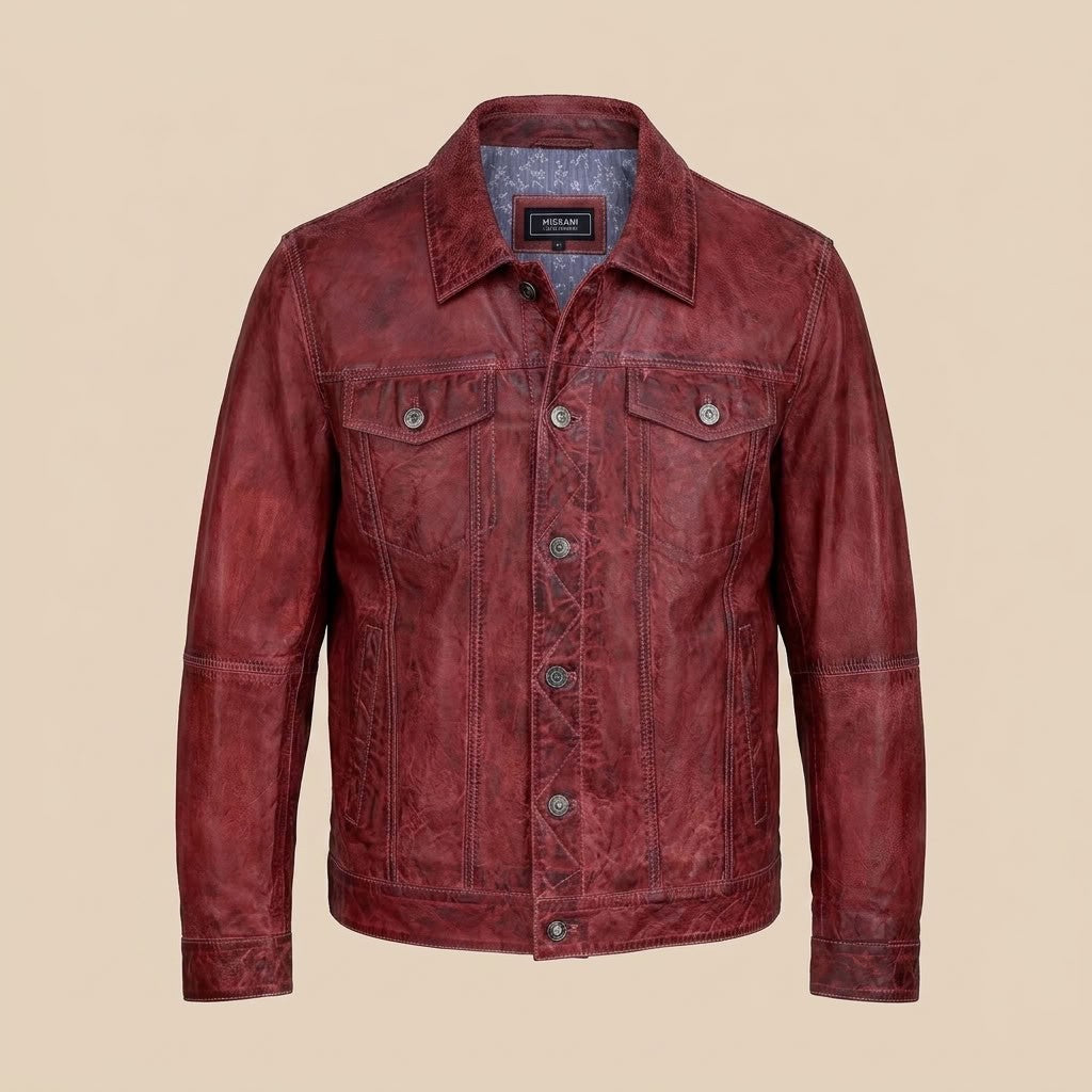 Red Missani Le Collezioni BF leather jean jacket with front pockets and classic design, displayed on a hanger.