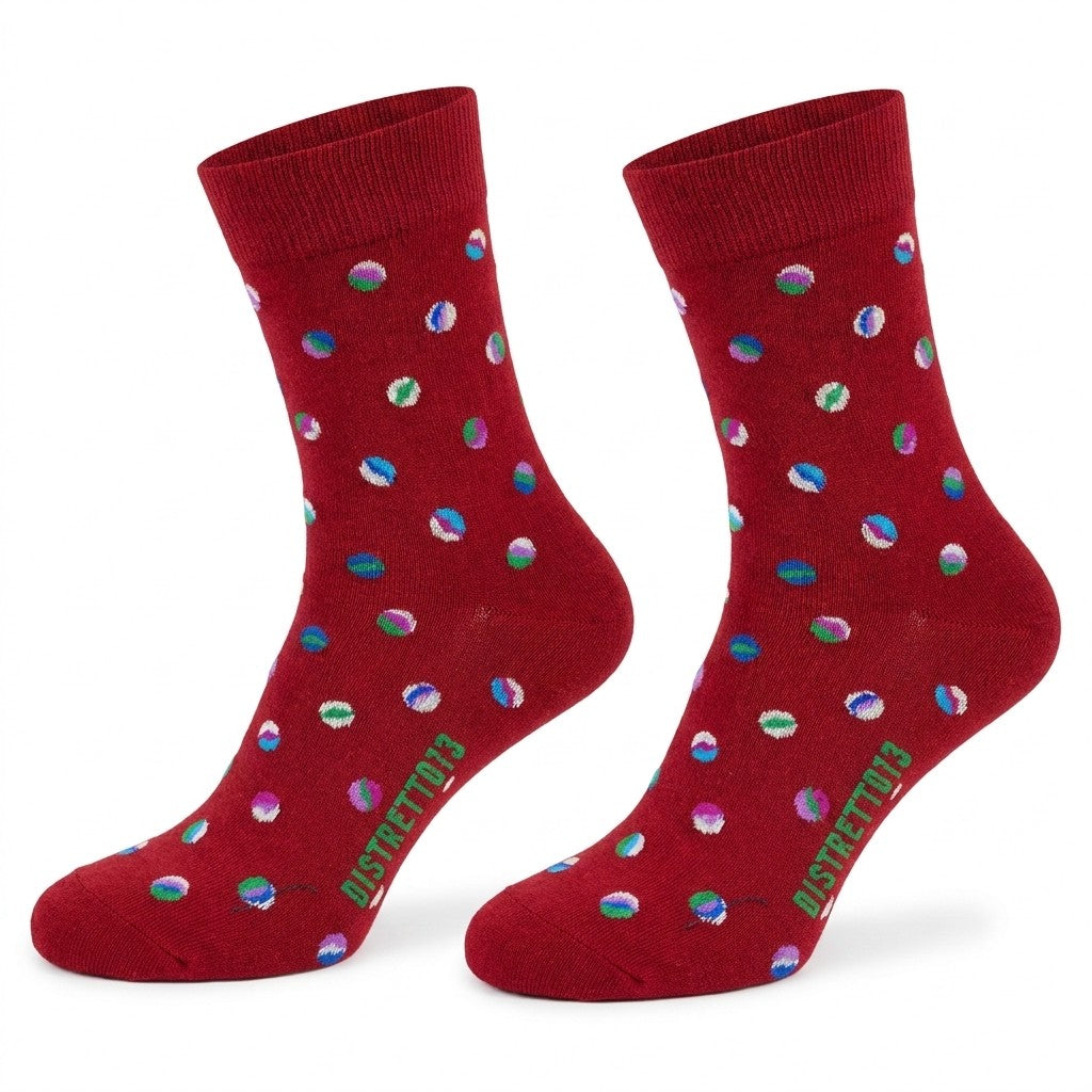 Red marble-patterned cotton socks for men by Cellini Uomo, part of Distretto73 Filoscozia collection, showcasing stylish apparel accessories.