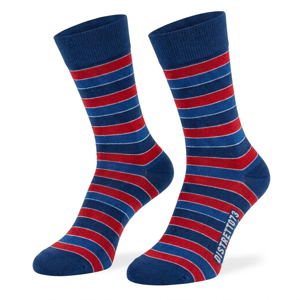 Cellini Uomo Distretto73 men's Filoscozia cotton crew socks with red and blue stripes, comfortable and stylish for everyday wear.