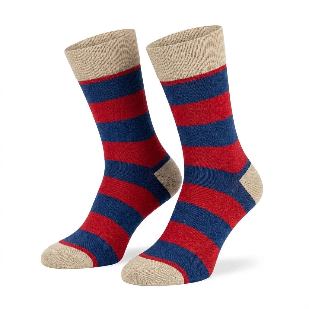 Cellini Uomo Distretto73 men's Filoscozia cotton striped crew socks in red, blue, and beige, featuring colorful horizontal pattern.