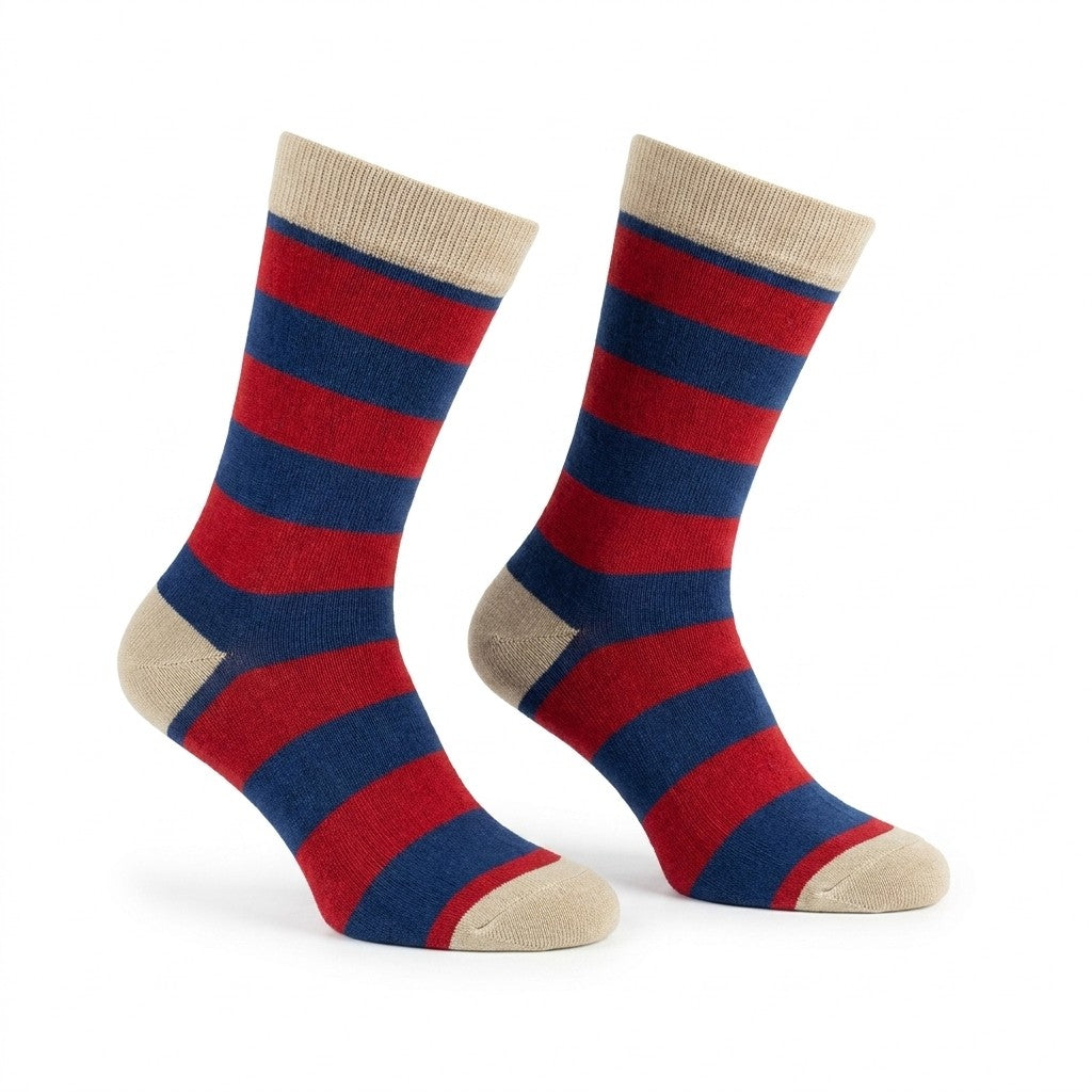 Cellini Uomo Distretto73 Men's Filoscozia cotton striped crew socks in red, blue, and beige with a comfortable fit and vibrant pattern.
