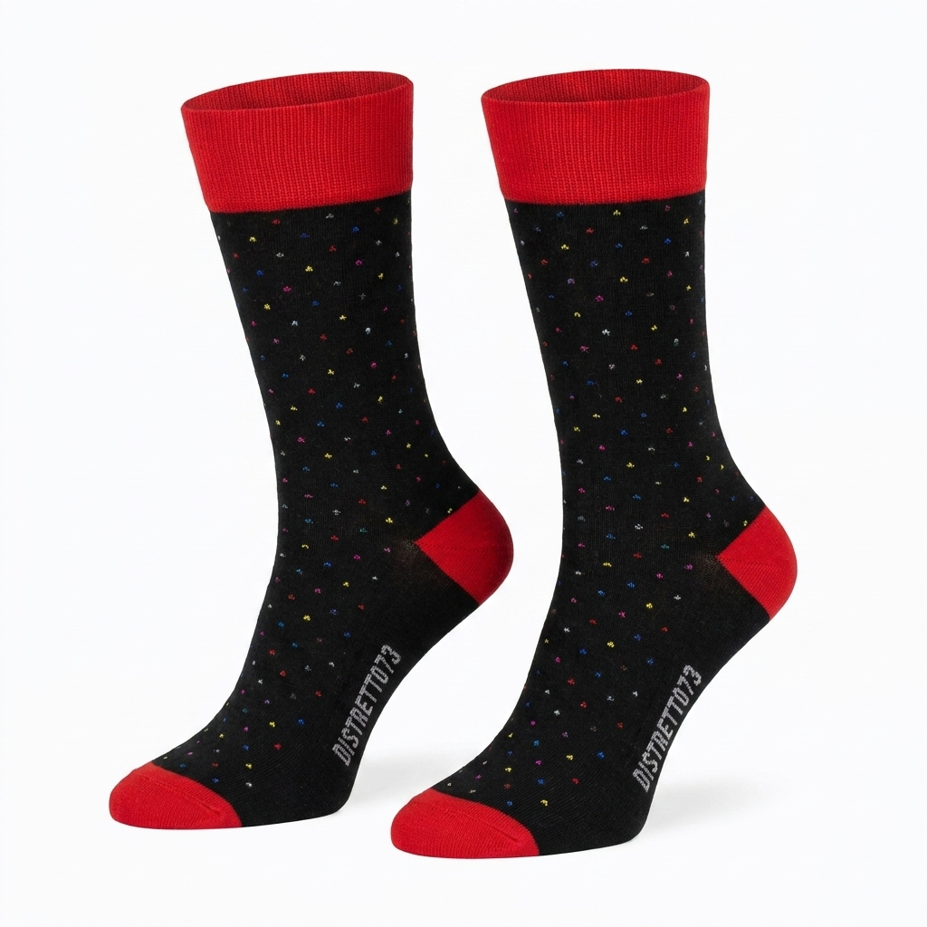 Cellini Uomo Distretto73 men's Filoscozia cotton polka dot socks with red dots and ribbed cuffs, stylish men's fashion accessory.