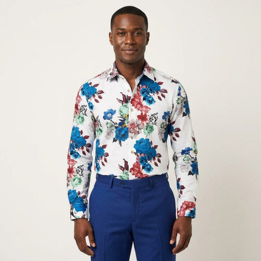 Philippe white button-up shirt featuring a royal blue color, long sleeves, and classic collar, displayed on a hanger.