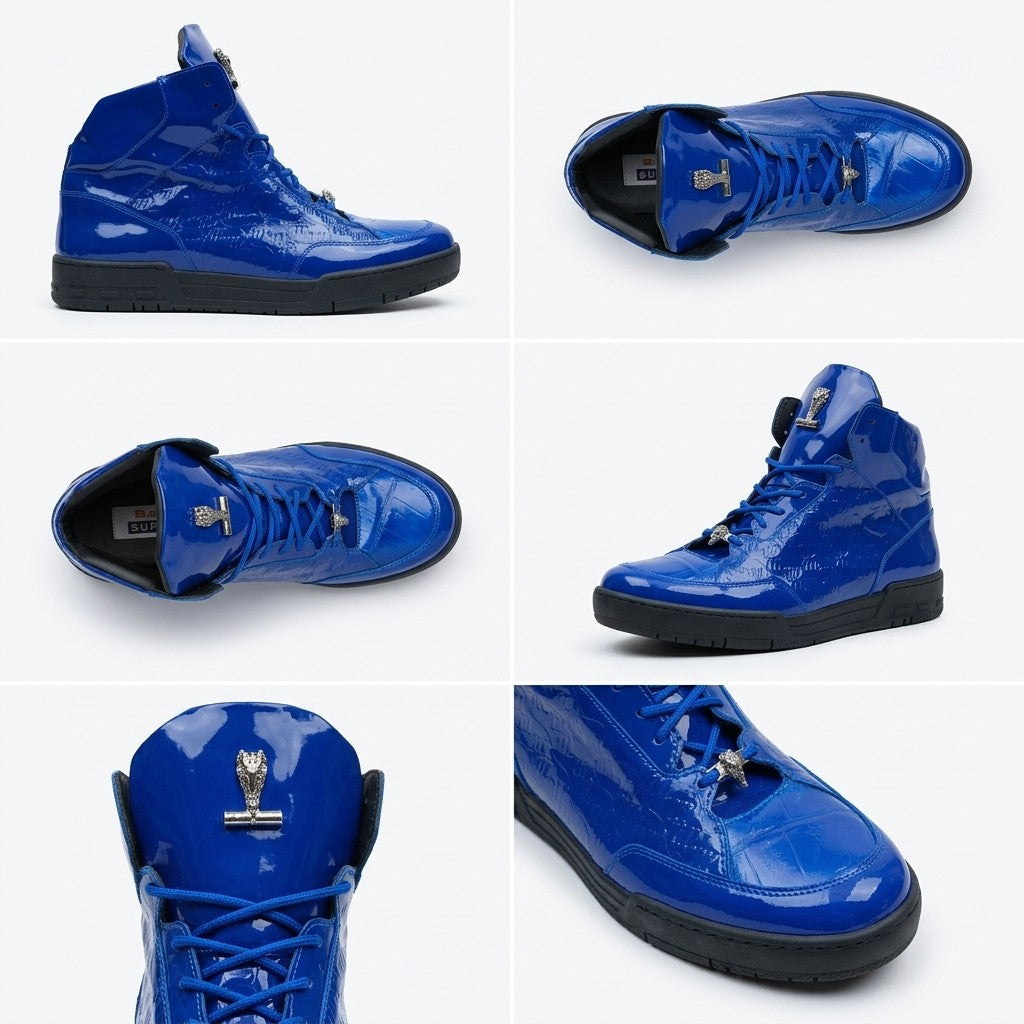 Royal blue Mauri 8429 patent leather and crocodile high-top sneakers with stylish design and textured details.