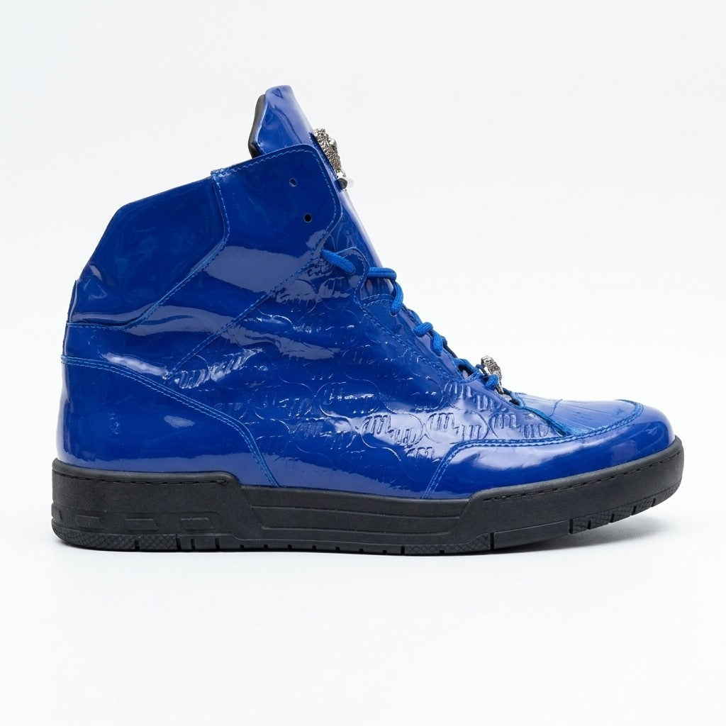 Royal blue Mauri 8429 patent leather and crocodile high-top sneakers showing sleek design and textured details.