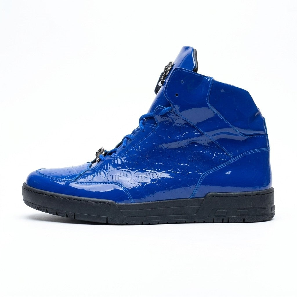 Royal blue Mauri 8429 high-top sneakers with patent leather and crocodile texture, showcasing stylish sneaker design.
