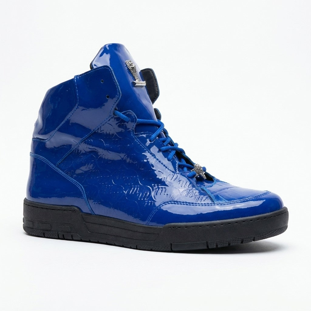 Royal blue Mauri patent leather and crocodile high-top sneakers with laces and textured design.