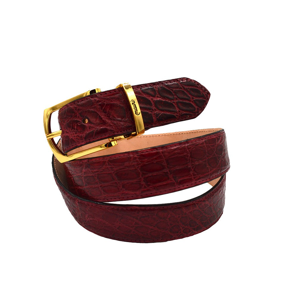 Mauri alligator belt in ruby red leather, featuring a sleek buckle and textured alligator pattern, stylish accessory for men and women.