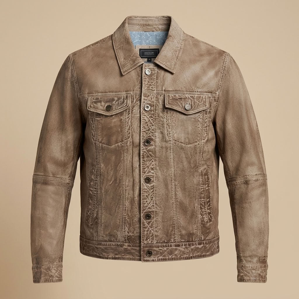 Missani Le Collezioni BF leather jean jacket in sand color, stylish coat with classic denim design and leather accents.