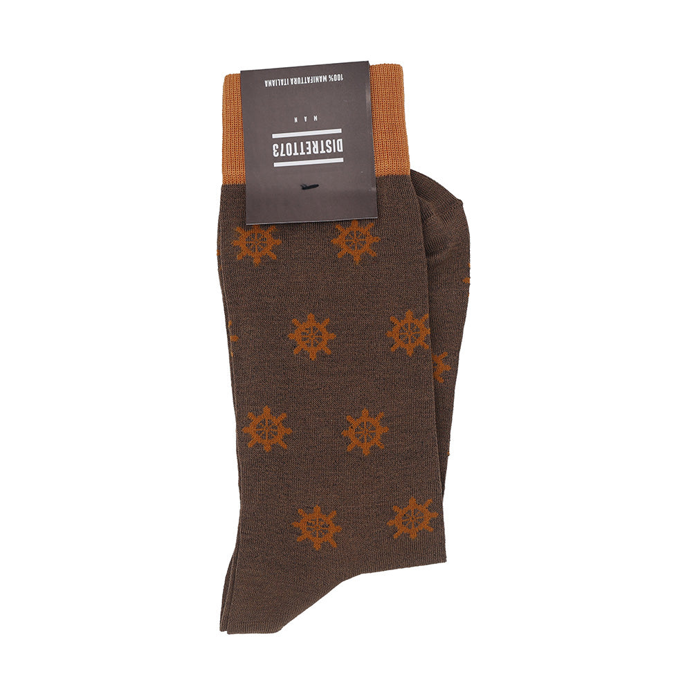 Cellini Uomo Distretto73 men's Filoscozia cotton Seaport socks in brown and orange, featuring a nautical-inspired design.