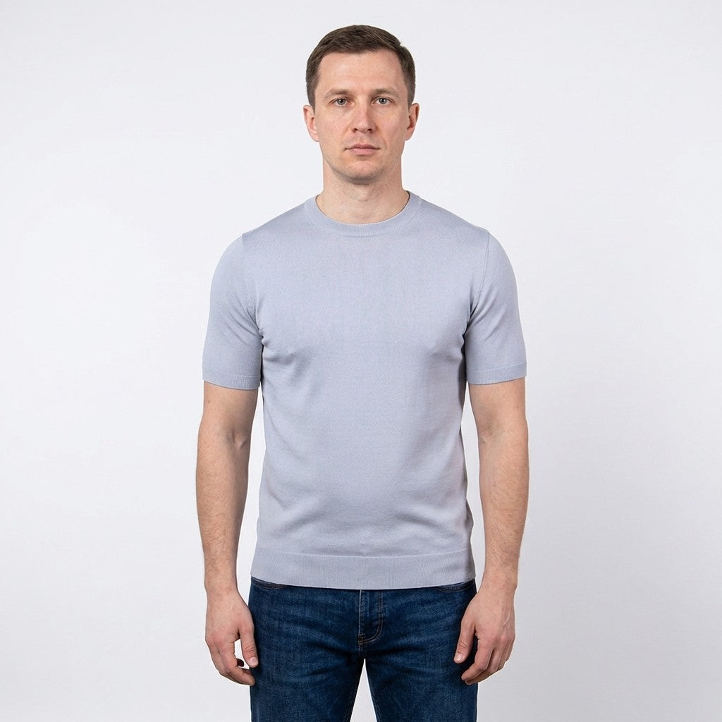 Silver Prestige crew neck short sleeve shirt CMK-350, 650, made of comfortable fabric, displayed on a hanger.