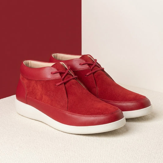 Johnny Famous New York Central Park high top sneakers in red suede with white rubber soles and stylish laces.