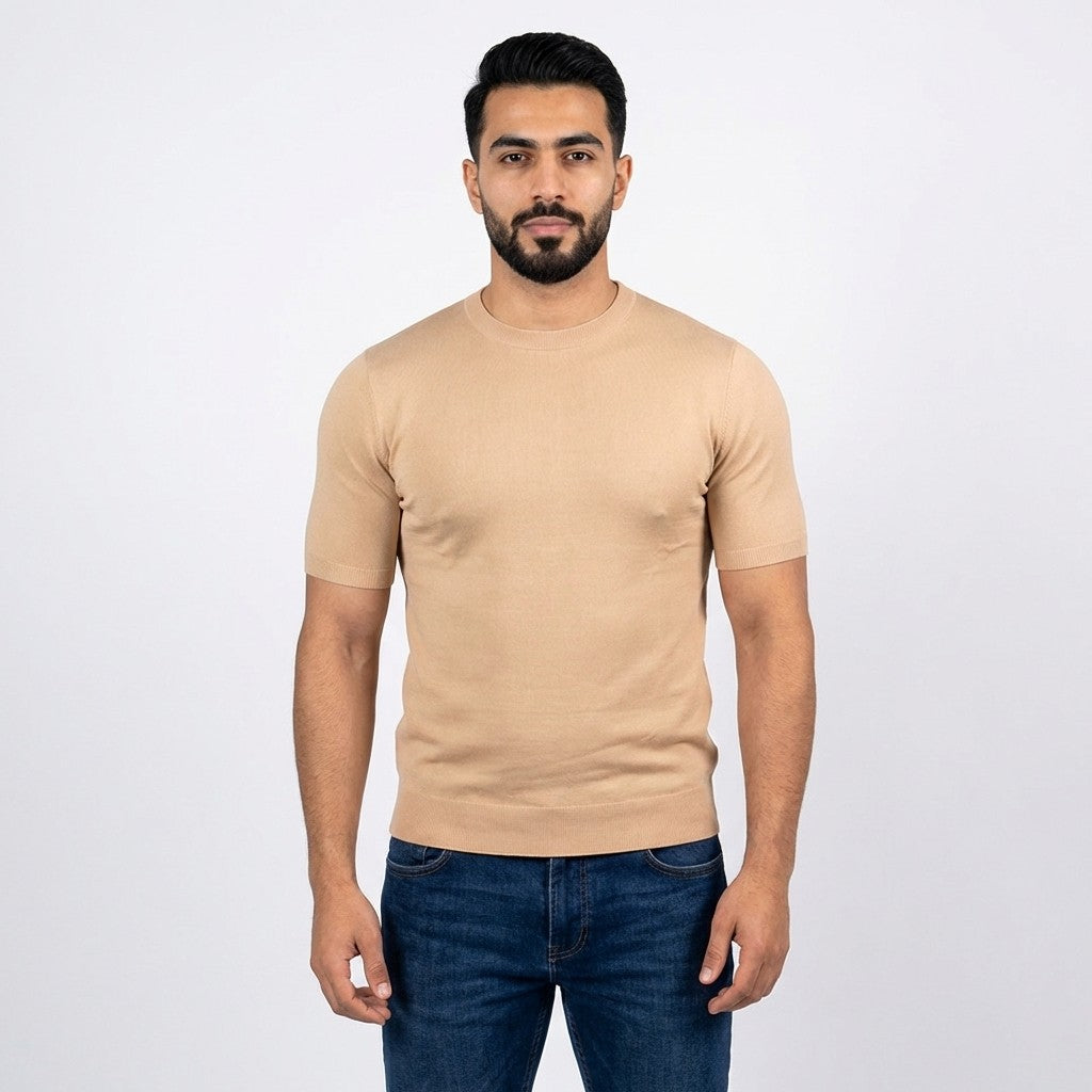 Tan Prestige crew neck short sleeve shirt CMK-350, 650, featuring a classic fit and soft cotton fabric.