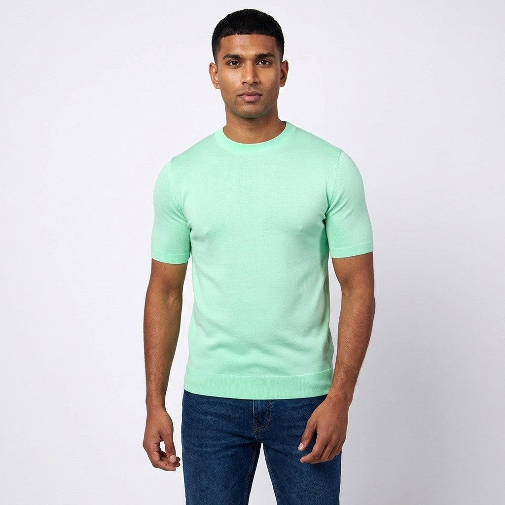 Prestige crew neck short sleeve shirt CMK-350 in a neutral color, displayed on a hanger, showcasing its classic fit and fabric texture.