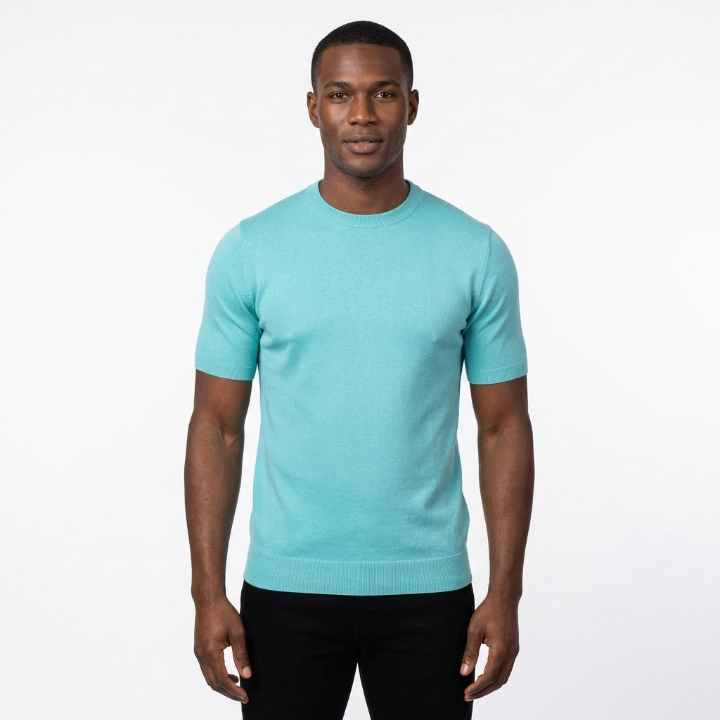 Blue Prestige crew neck short sleeve shirt CMK-350, 650, made of comfortable fabric, displayed on a hanger against a plain background.