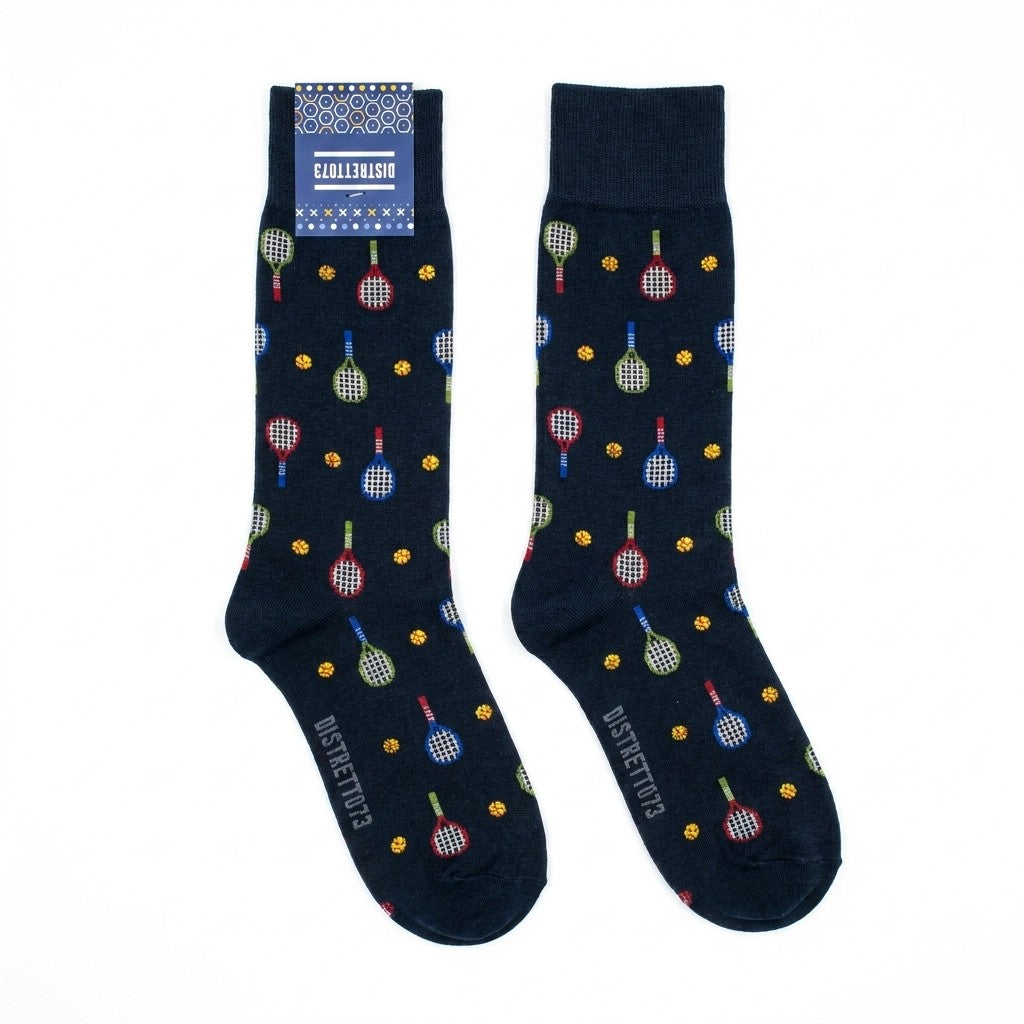 Black Cellini Uomo Distretto73 Men's Filoscozia Cotton Tennis Rocket Crew Socks laid flat, showcasing their design and soft cotton material.