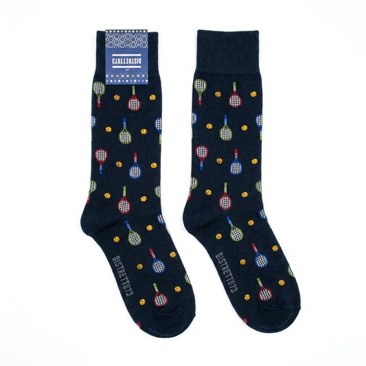 Black Cellini Uomo Distretto73 Men's Filoscozia Cotton Tennis Rocket Crew Socks laid flat, showcasing their design and soft cotton material.