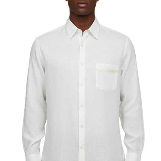 Torras Linen Leather Trimmed Long Sleeve Button Up N62404 - Cellini Uomo 