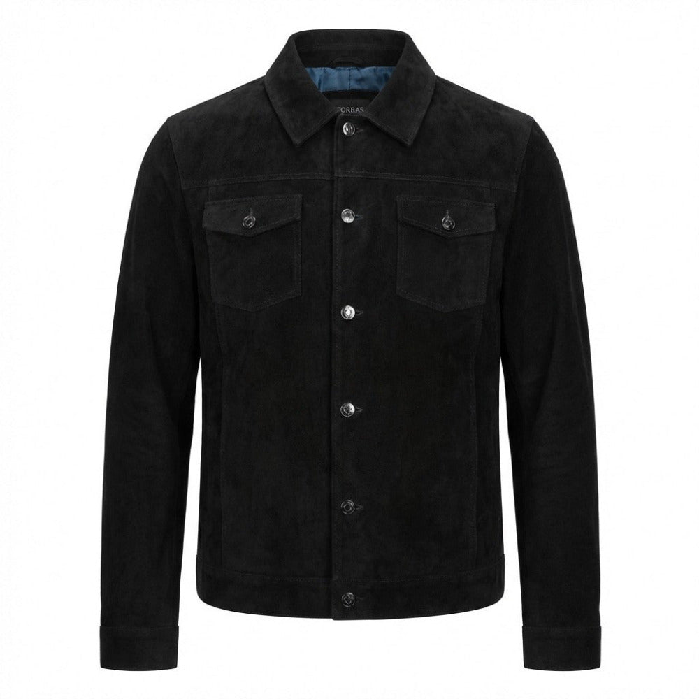 Black Torras goat suede jacket featuring a classic coat design, high-quality soft suede fabric, and stylish collar details.