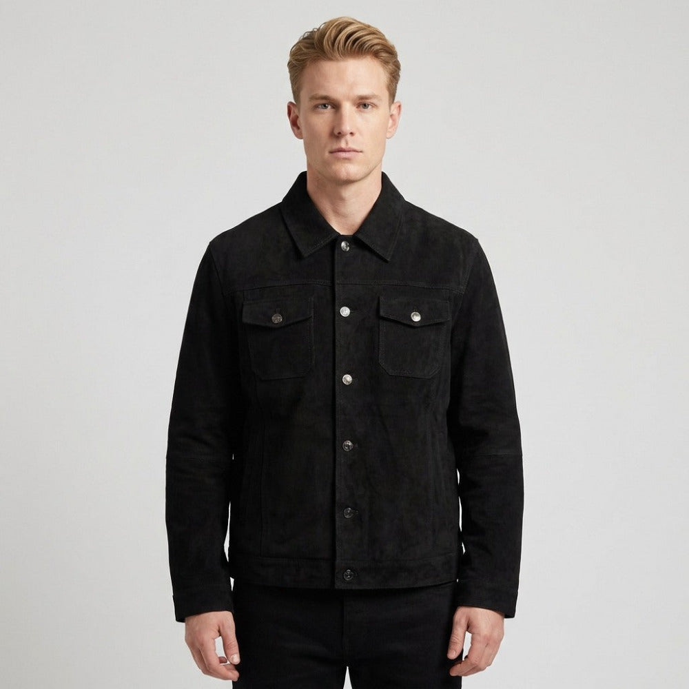 Black Torras goat suede jacket, stylish coat with high-quality soft suede material, displayed on a hanger against a neutral background.